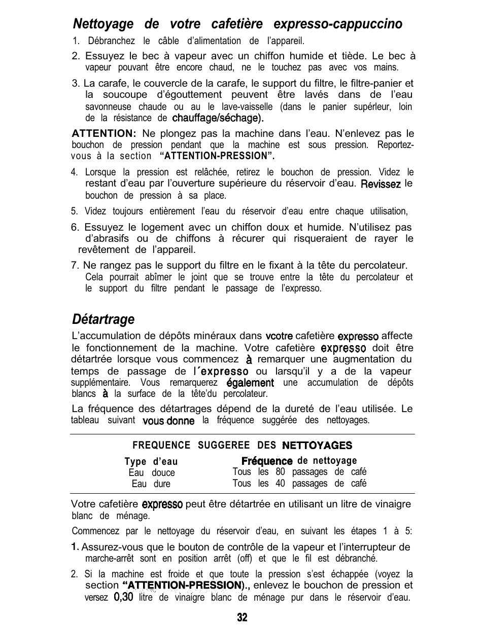 Nettoyage de votre cafetière expresso-cappuccino, Détartrage | Mr. Coffee ECM3 User Manual | Page 32 / 36