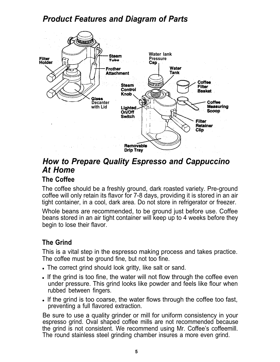 Product features and diagram of parts, The coffee, The grind | Mr. Coffee ECM3 User Manual | Page 5 / 36