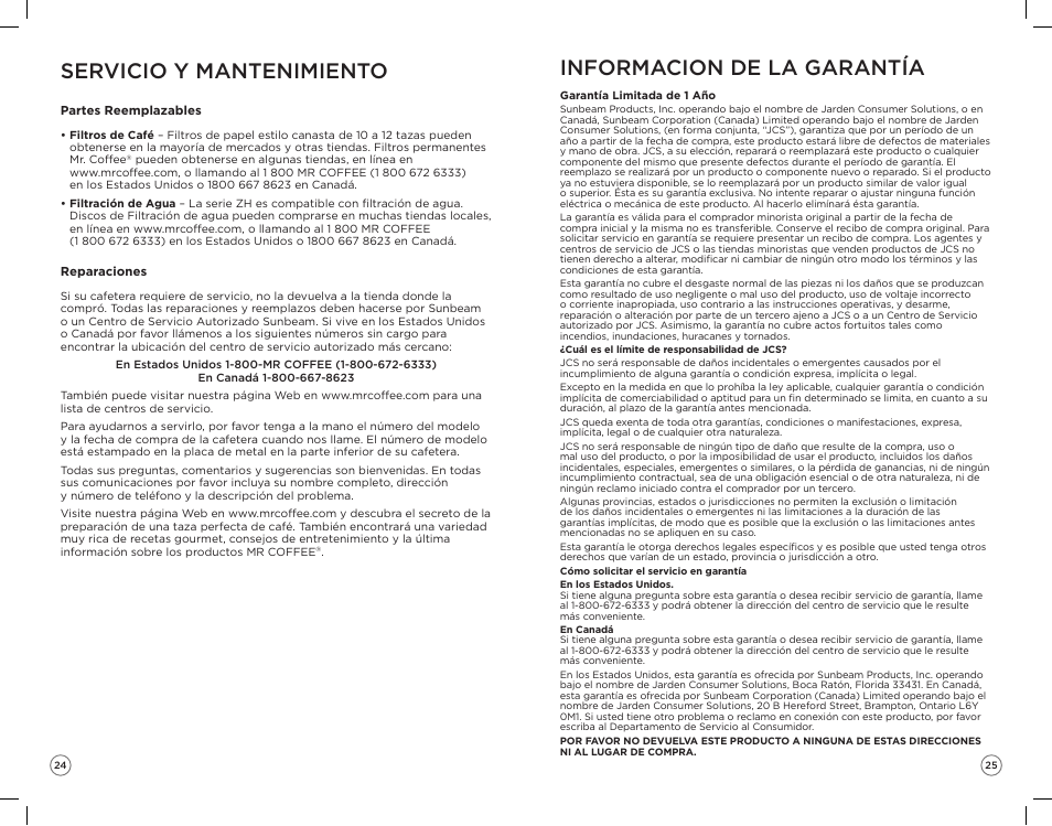 Servicio y mantenimiento, Informacion de la garantía | Mr. Coffee ZH User Manual | Page 13 / 14