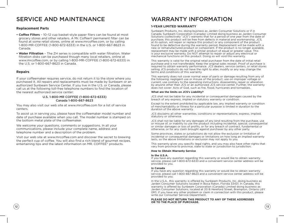 Service and maintenance, Warranty information | Mr. Coffee ZH User Manual | Page 7 / 14