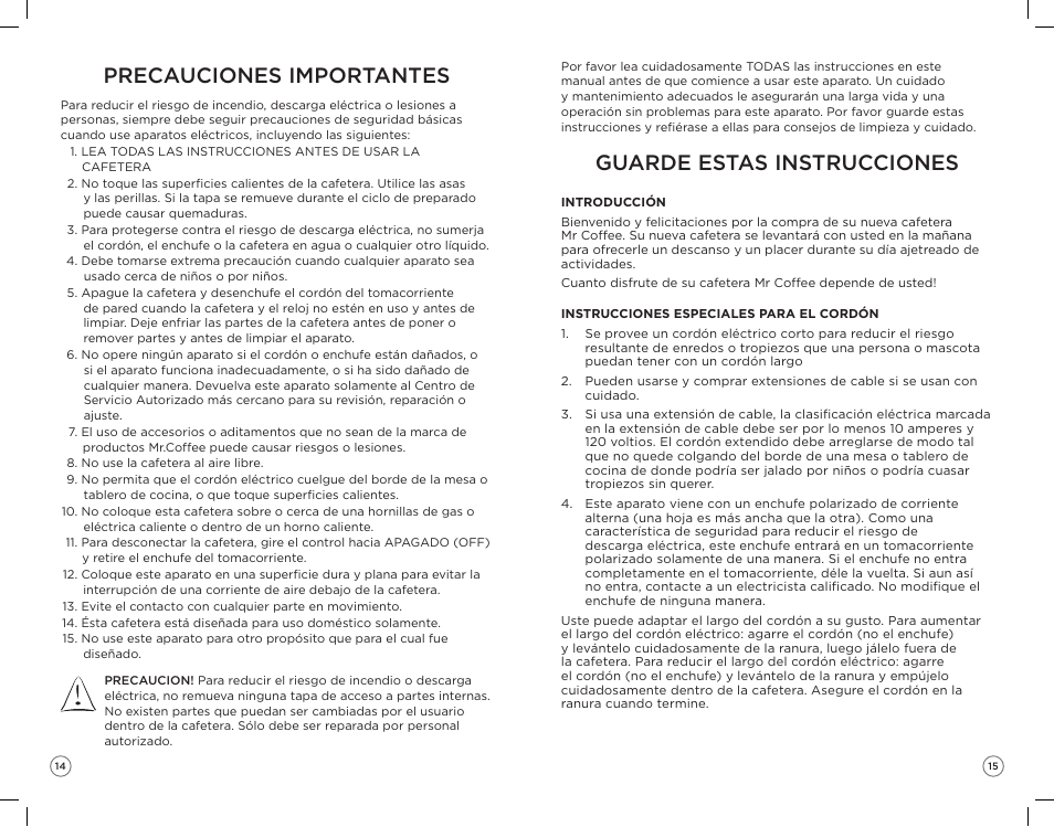 Precauciones importantes, Guarde estas instrucciones | Mr. Coffee ZH User Manual | Page 8 / 14