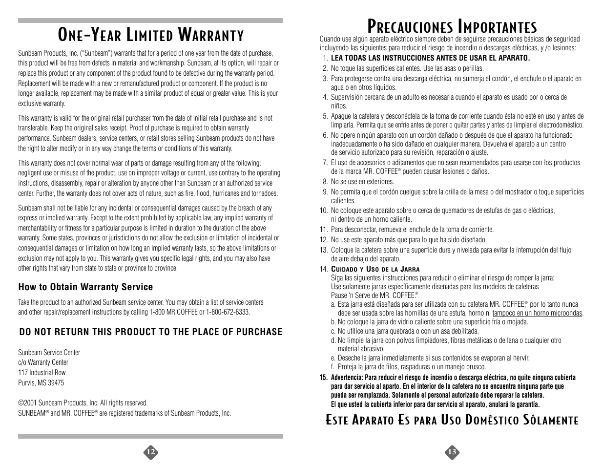 Recauciones, Mportantes, E ar | Imited, Arrant y | Mr. Coffee MPX33 User Manual | Page 12 / 24