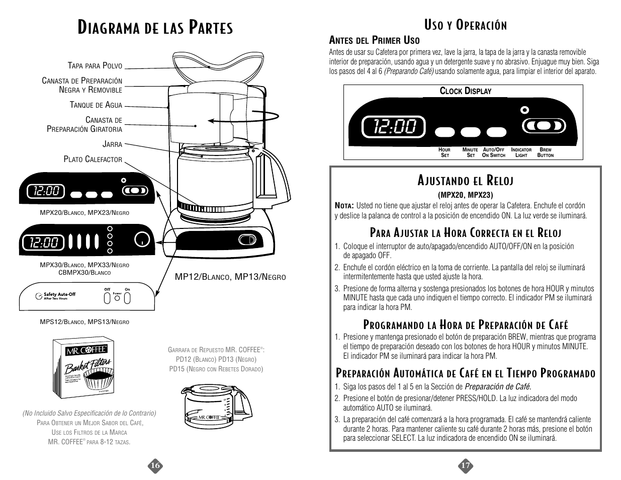 Iagrama de las, Artes, So y | Peración a, Justando el, Eloj | Mr. Coffee MPX33 User Manual | Page 17 / 24