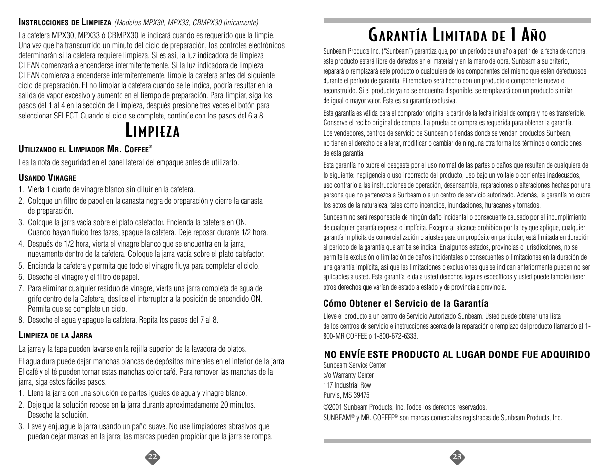 Impieza, Arantía, Imitada de | Mr. Coffee MPX33 User Manual | Page 23 / 24