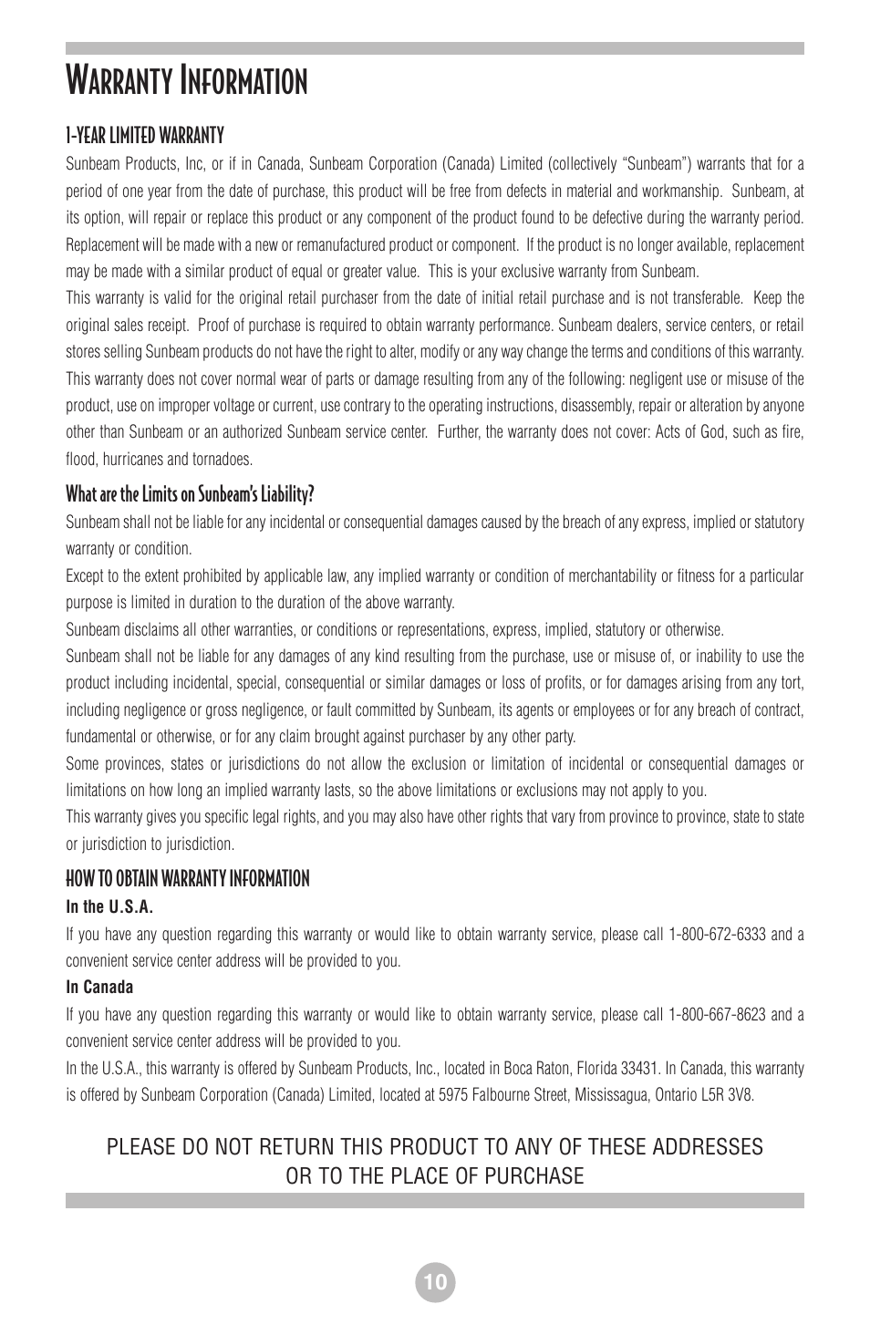 Arranty, Nformation | Mr. Coffee NLS12 User Manual | Page 11 / 22