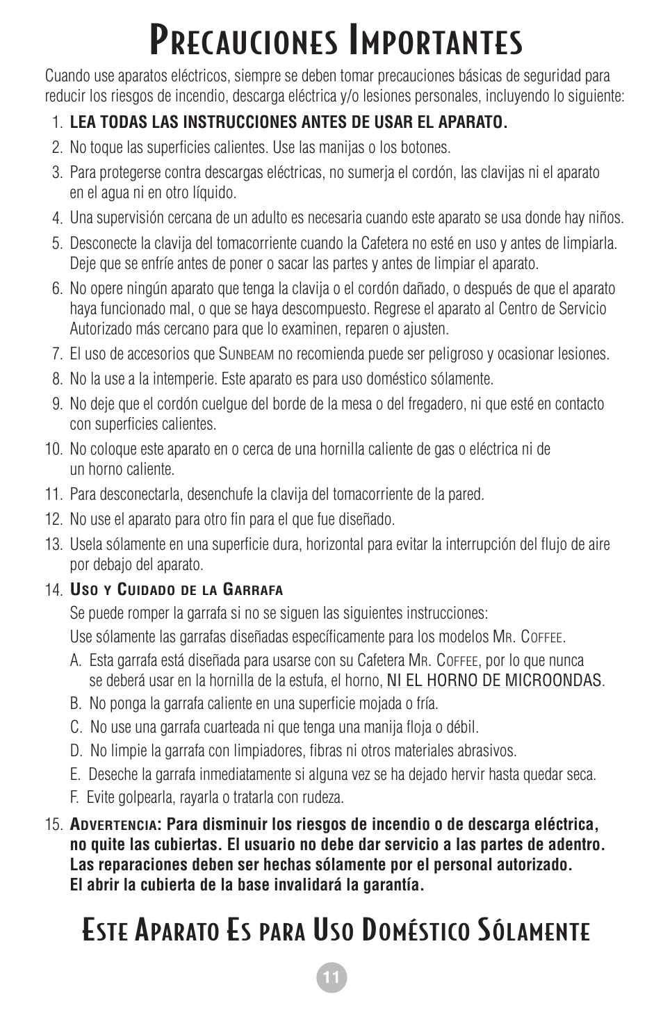 Rec auciones, Mportantes, Parato | Spara, Oméstico, Ól amente | Mr. Coffee NLS12 User Manual | Page 12 / 22