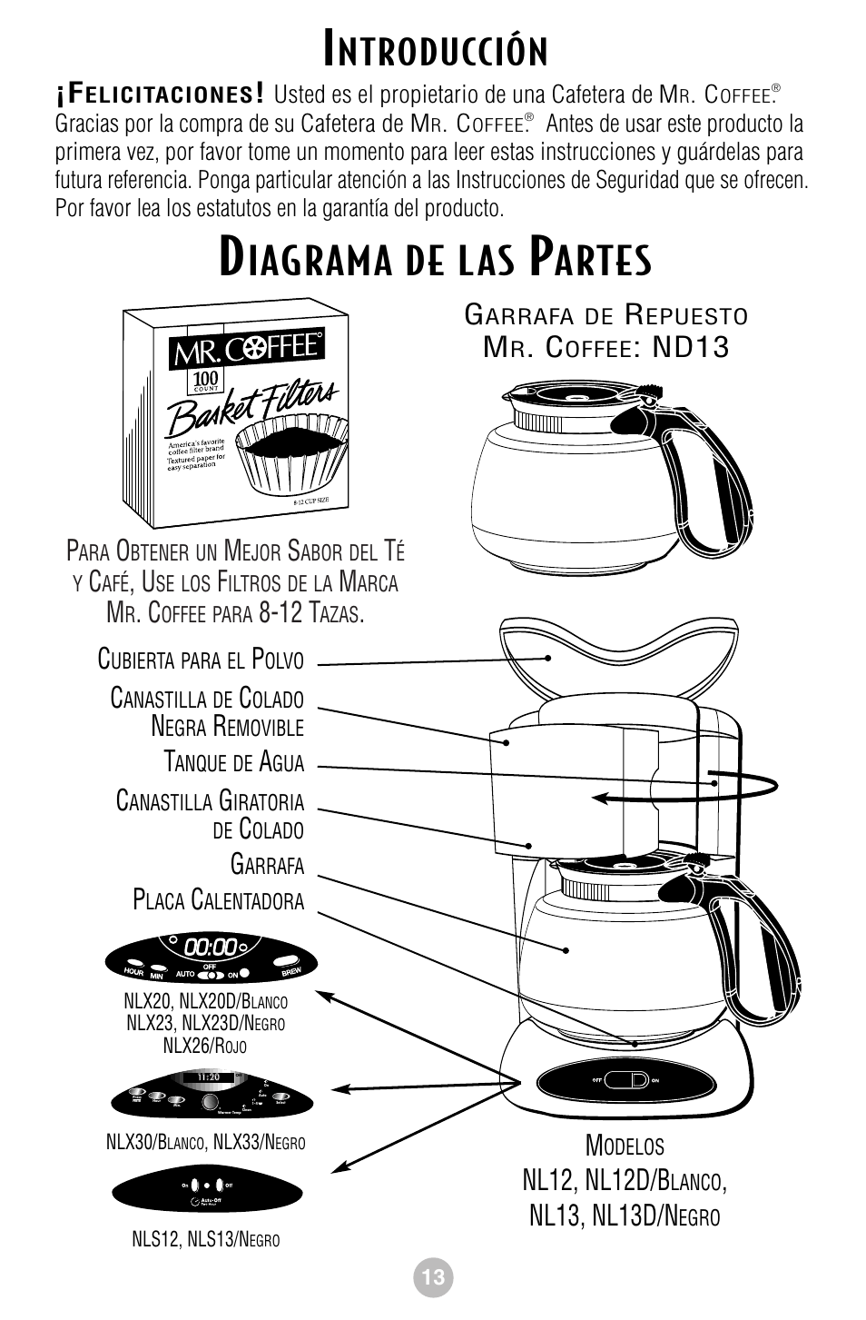 Iagrama del as, Artes, Ntroducción | Nd13 p, 12 t, Nl12, nl12d/b, Nl13, nl13d/n | Mr. Coffee NLS12 User Manual | Page 14 / 22