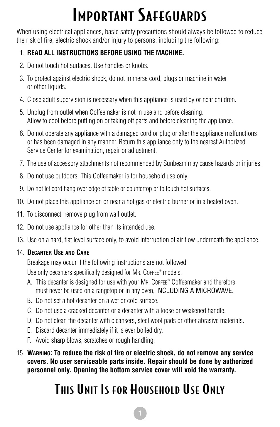 Mportant, Afeguards, S for | Ousehold | Mr. Coffee NLS12 User Manual | Page 2 / 22