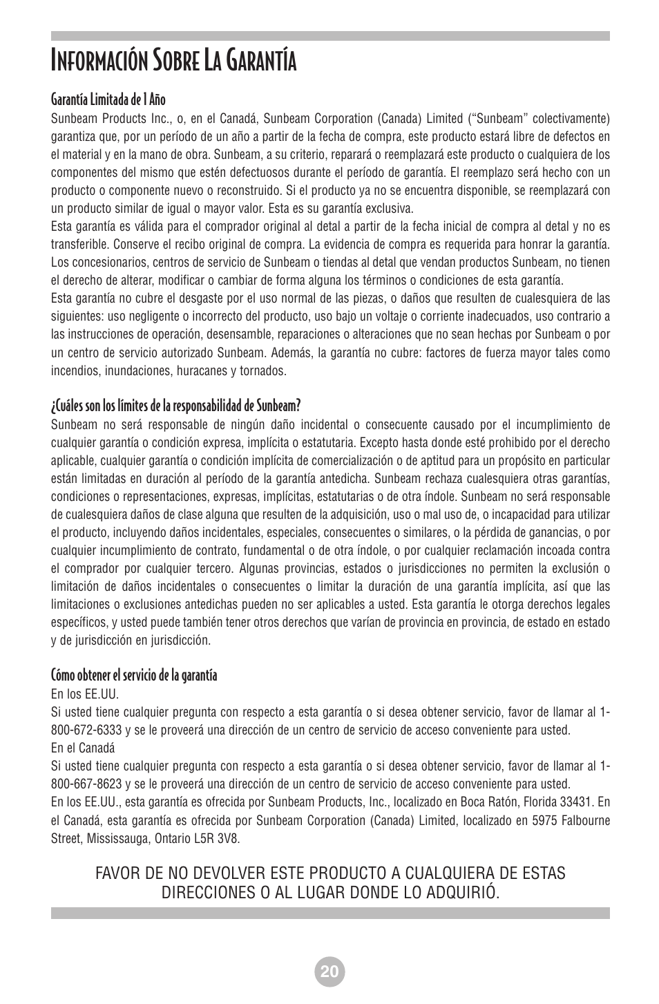 Nformación, Obre, Arantía | Mr. Coffee NLS12 User Manual | Page 21 / 22