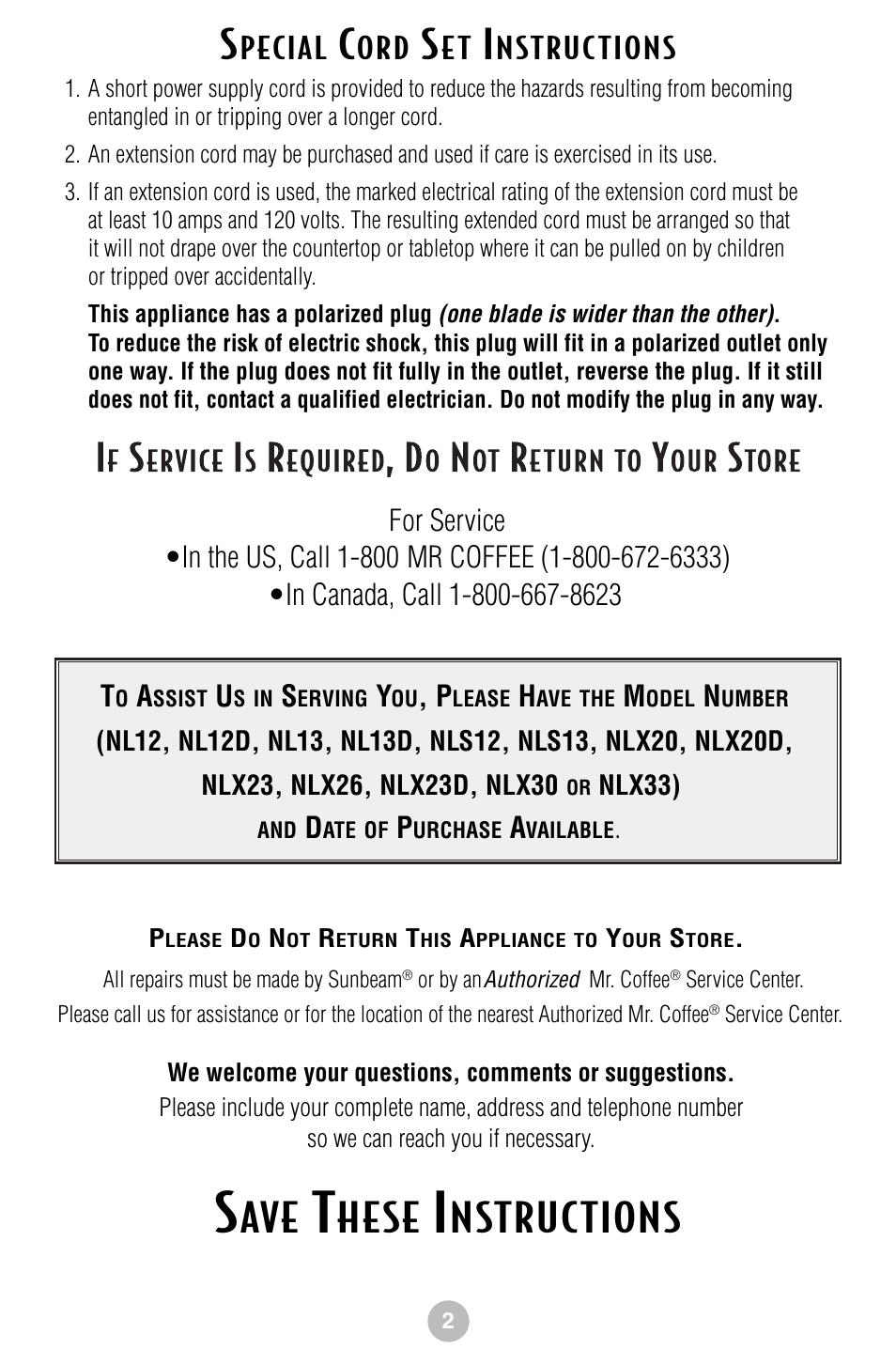 Hese, Pecial, Nstruc tions | Mr. Coffee NLS12 User Manual | Page 3 / 22
