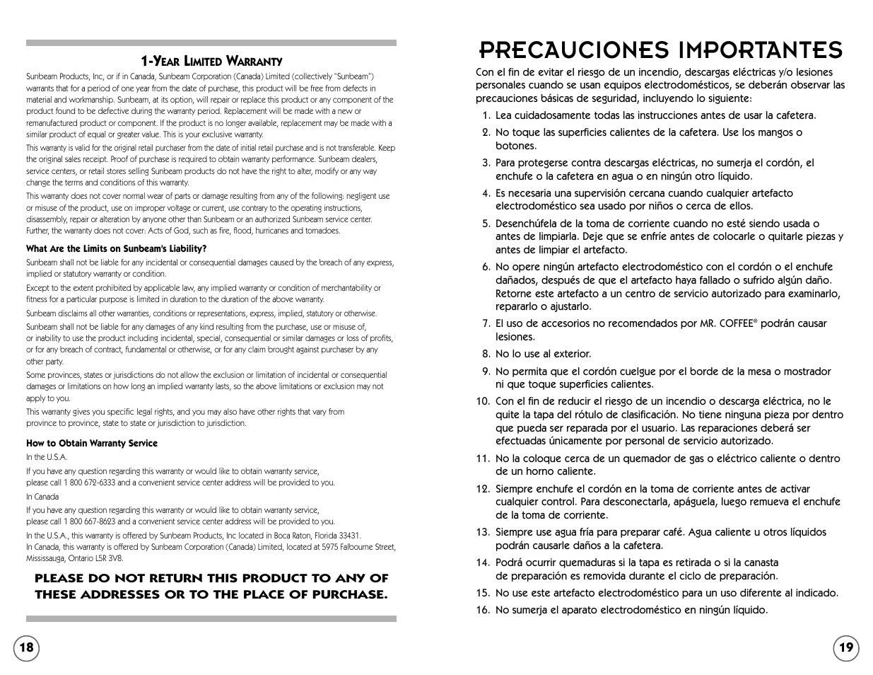 Precauciones importantes | Mr. Coffee NL4 User Manual | Page 10 / 18