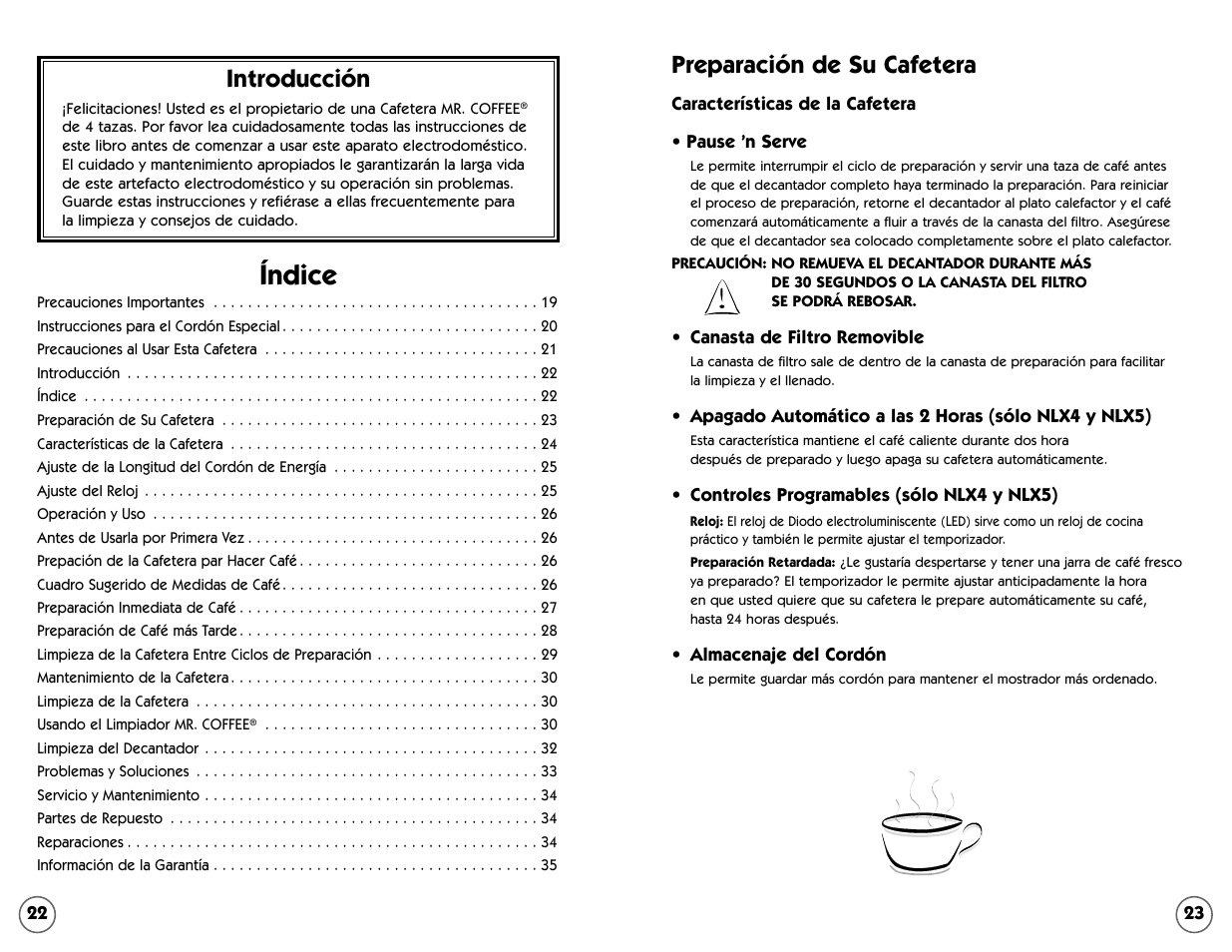 Índice, Preparación de su cafetera, Introducción | Mr. Coffee NL4 User Manual | Page 12 / 18