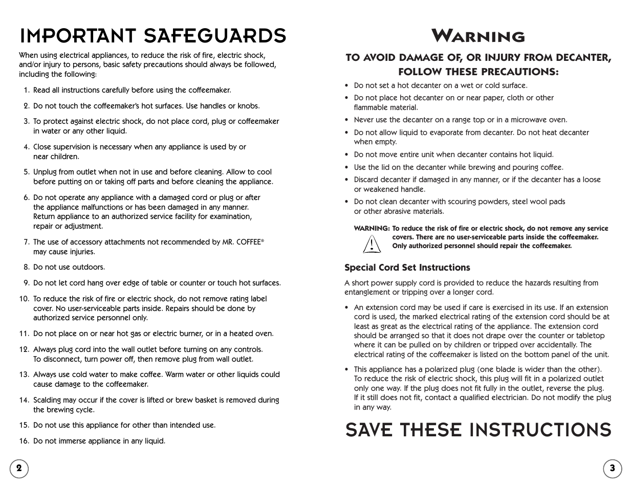 Important safeguards, Save these instructions, Arning | Mr. Coffee NL4 User Manual | Page 2 / 18