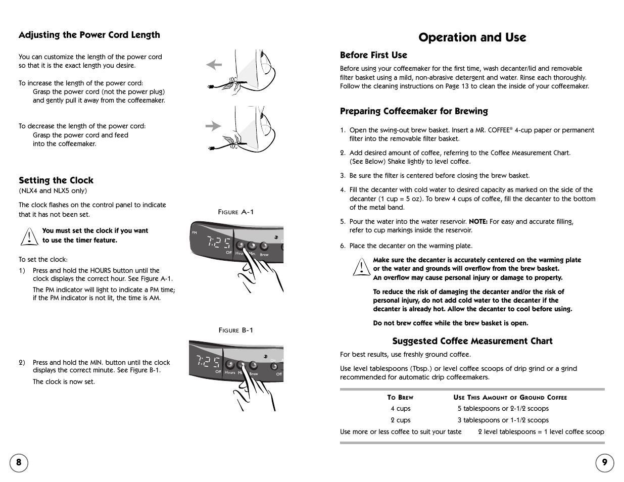 Operation and use, Adjusting the power cord length, Setting the clock | Before first use, Preparing coffeemaker for brewing, Suggested coffee measurement chart | Mr. Coffee NL4 User Manual | Page 5 / 18