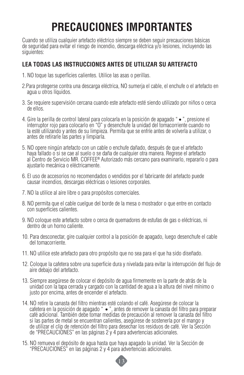 Precauciones importantes | Mr. Coffee ECMP50 User Manual | Page 14 / 26