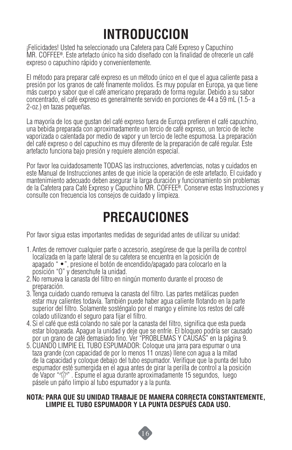 Introduccion, Precauciones | Mr. Coffee ECMP50 User Manual | Page 17 / 26