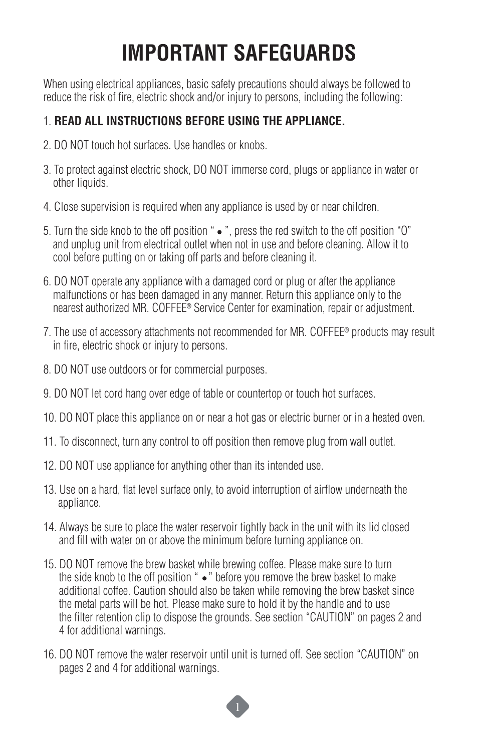 Important safeguards | Mr. Coffee ECMP50 User Manual | Page 2 / 26