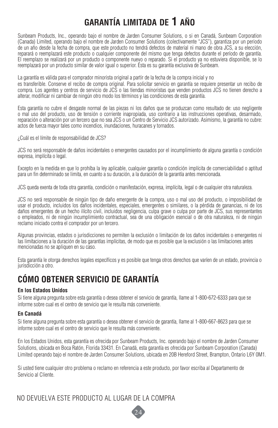 Garantía limitada de, Cómo obtener servicio de garantía, No devuelva este producto al lugar de la compra | Mr. Coffee ECMP50 User Manual | Page 25 / 26