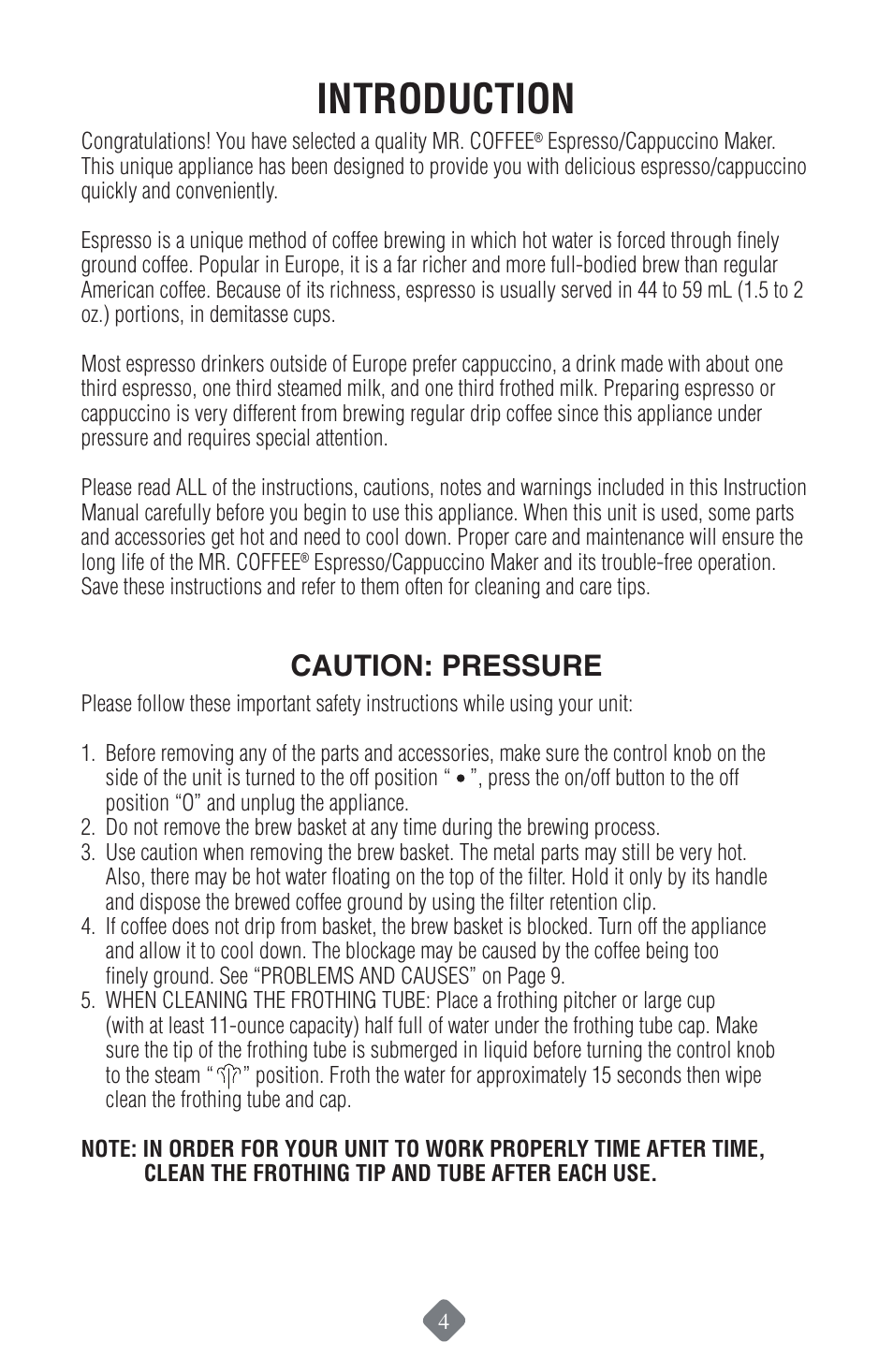 Introduction, Caution: pressure | Mr. Coffee ECMP50 User Manual | Page 5 / 26