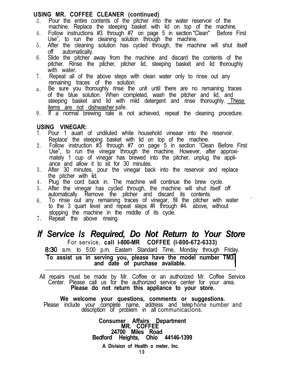 Mr. Coffee TM3 User Manual | Page 10 / 12