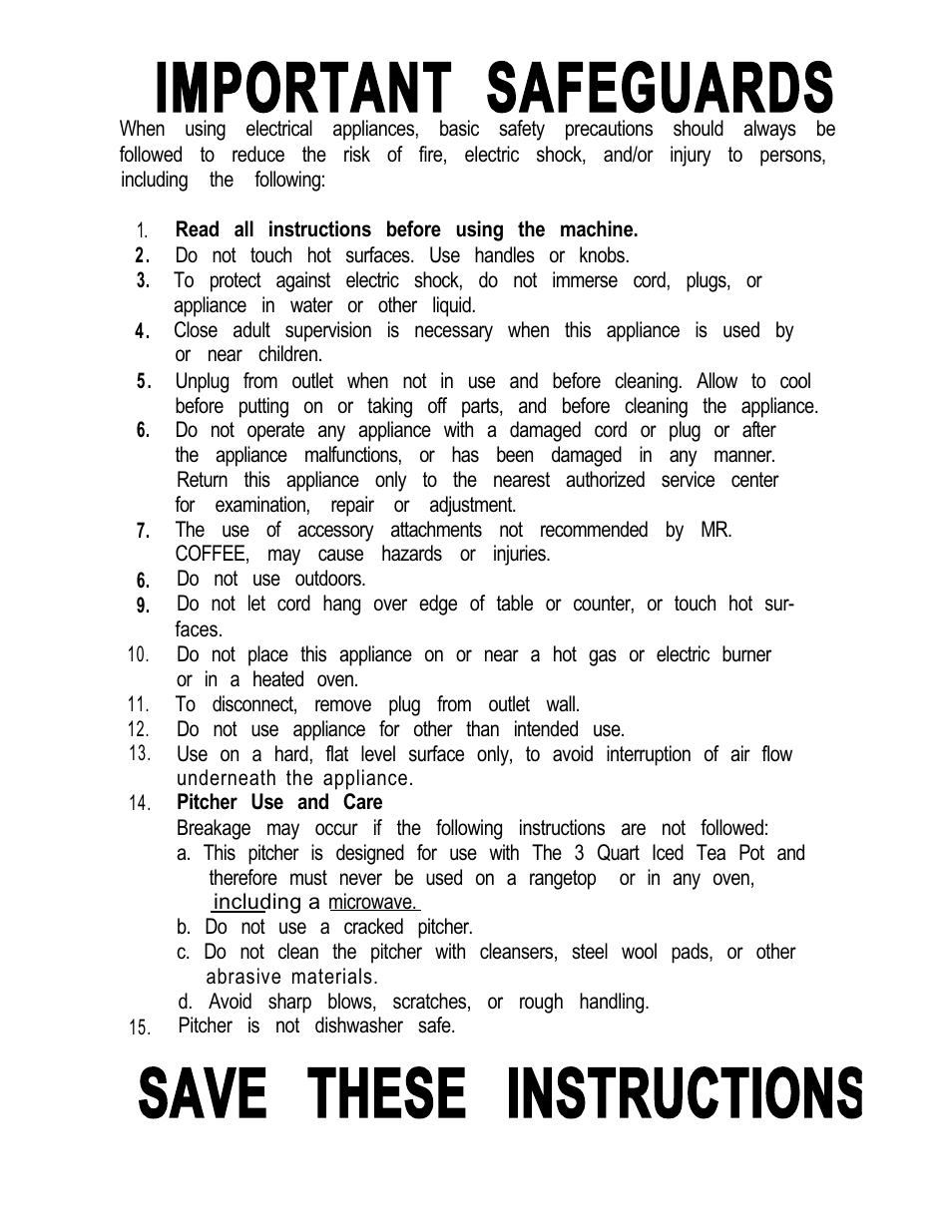 Important safeguards, Save these instructions | Mr. Coffee TM3 User Manual | Page 2 / 12