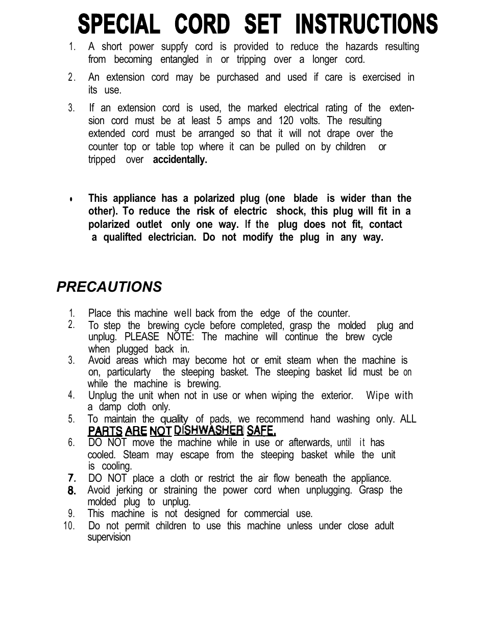 Special cord set instructions, Precautions | Mr. Coffee TM3 User Manual | Page 3 / 12