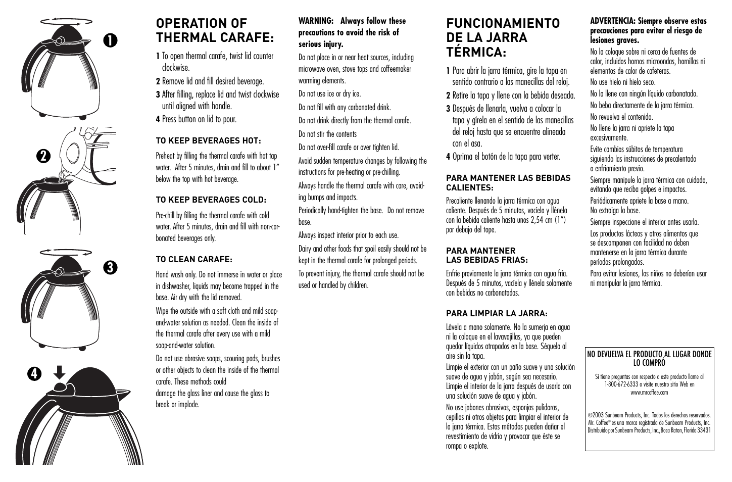 Operation of thermal carafe, Funcionamiento de la jarra térmica | Mr. Coffee ETC3 User Manual | Page 2 / 2