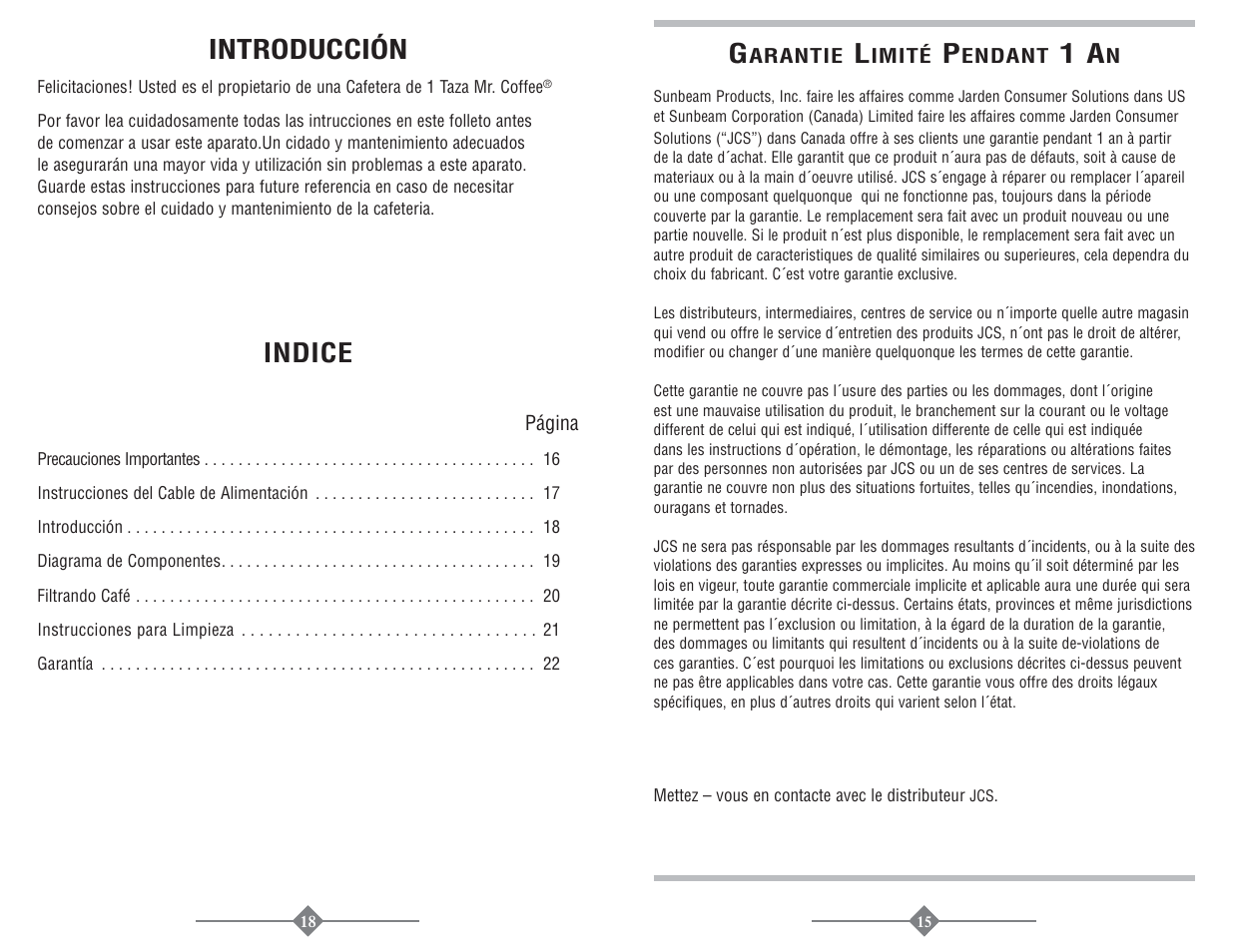 Introducción, Indice | Mr. Coffee PTC13-099 User Manual | Page 15 / 16