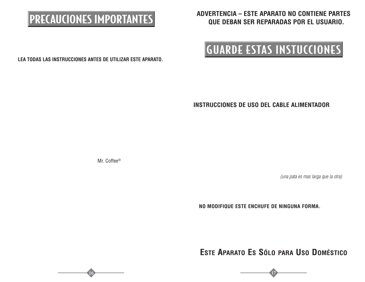 Precauciones importantes, Guarde estas instucciones | Mr. Coffee PTC13-099 User Manual | Page 16 / 16