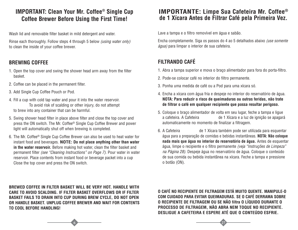 Warning, Advertência, Important: clean your mr. coffee | Importante: limpe sua cafeteira mr. coffee | Mr. Coffee PTC13-099 User Manual | Page 6 / 16