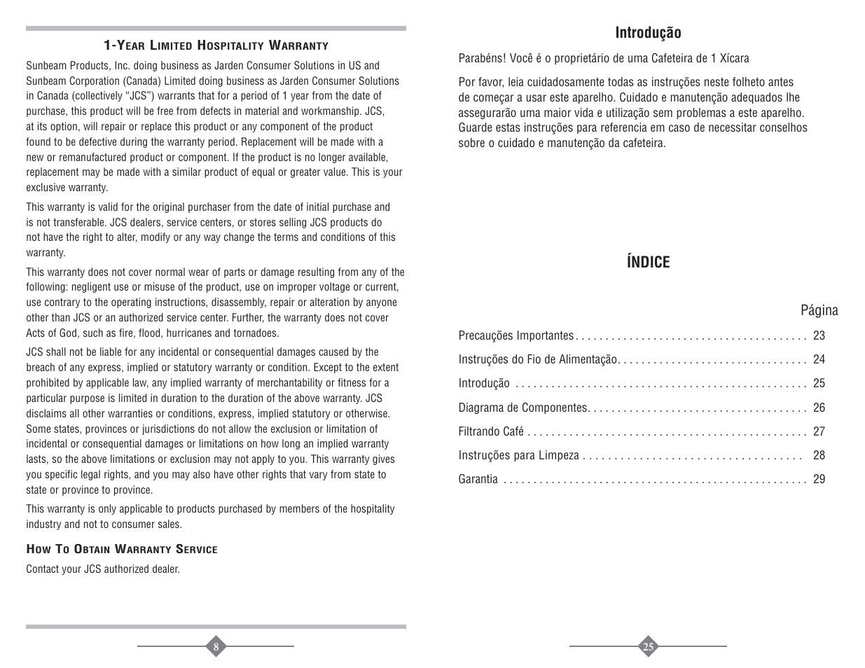 Introdução, Índice | Mr. Coffee PTC13-099 User Manual | Page 8 / 16