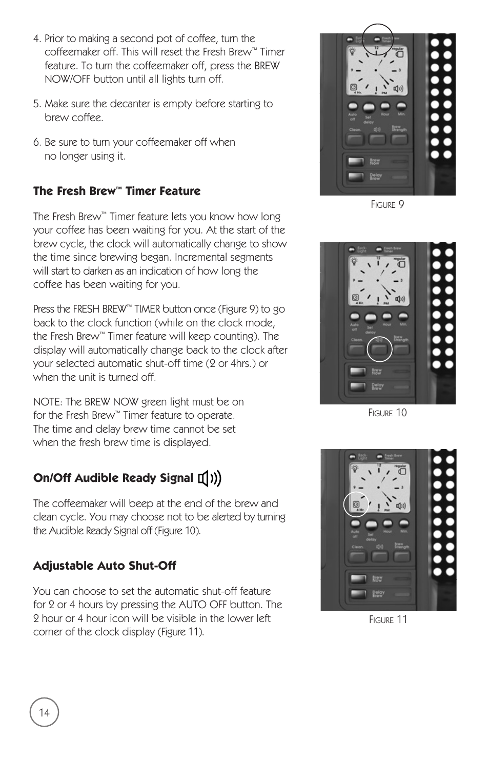 The fresh brew, Timer feature, On/off audible ready signal | Adjustable auto shut-off | Mr. Coffee mrx35 User Manual | Page 15 / 44