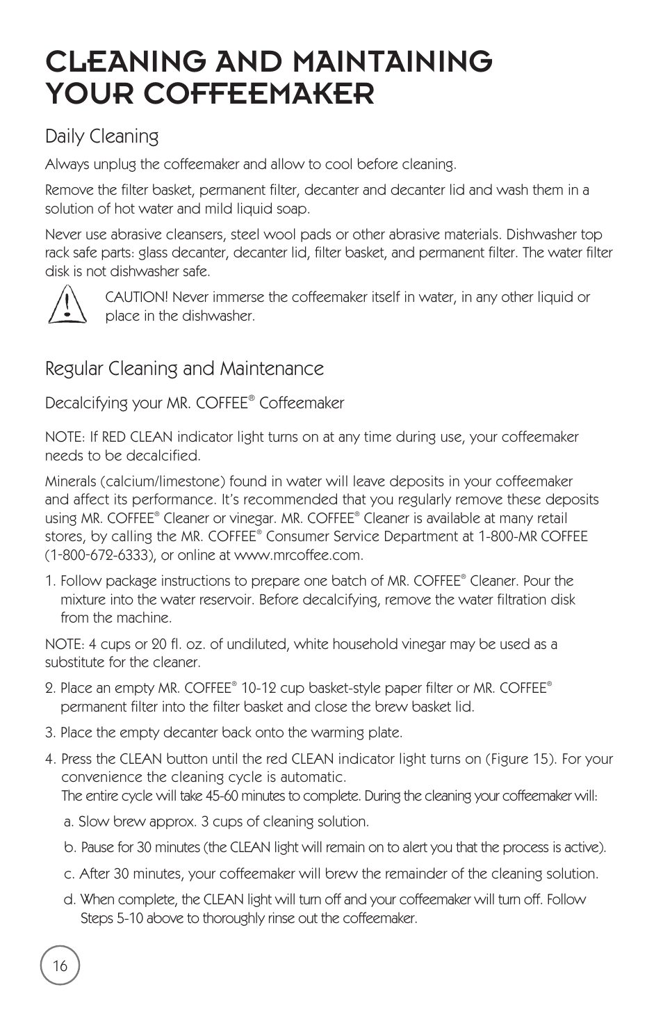 Cleaning and maintaining your coffeemaker, Daily cleaning, Regular cleaning and maintenance | Mr. Coffee mrx35 User Manual | Page 17 / 44