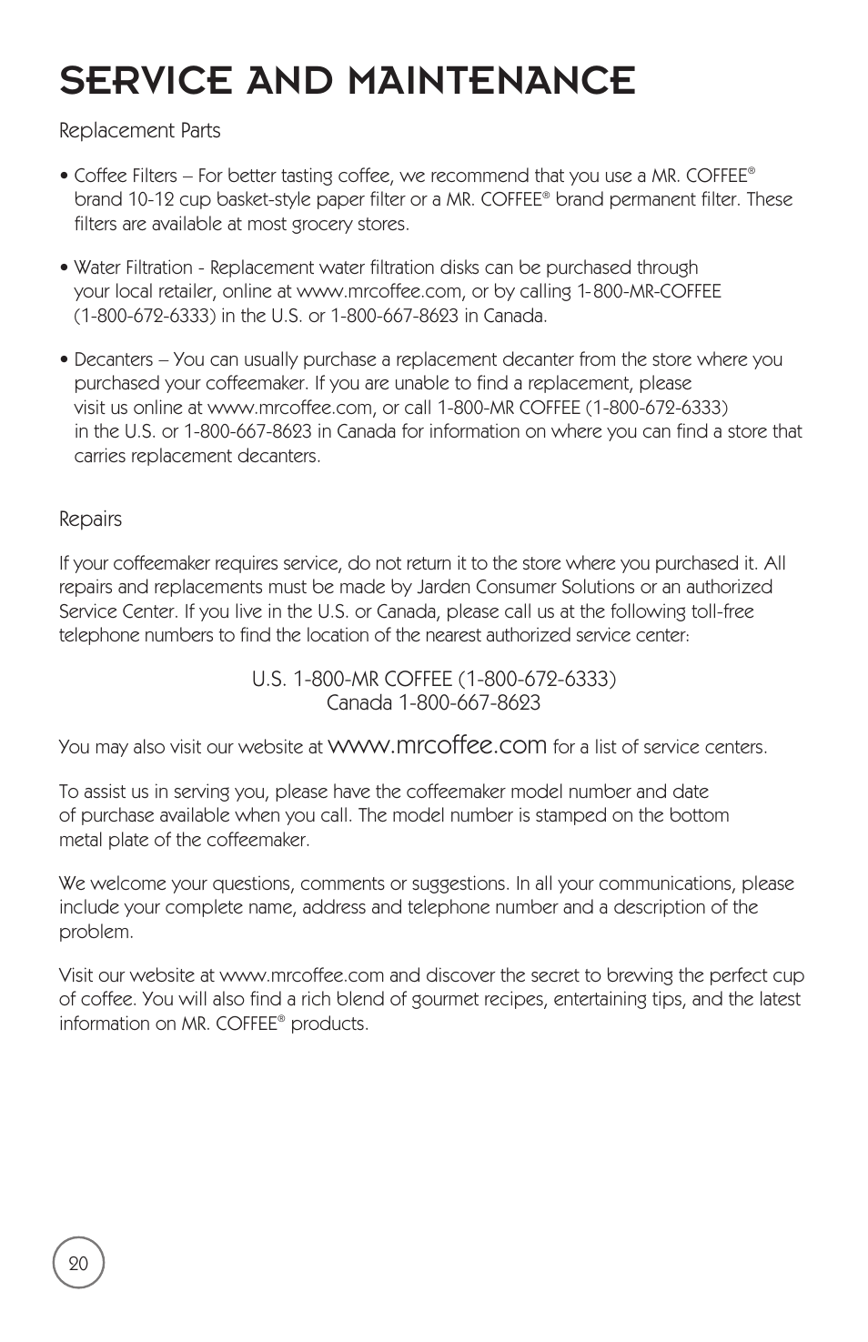 Service and maintenance | Mr. Coffee mrx35 User Manual | Page 21 / 44