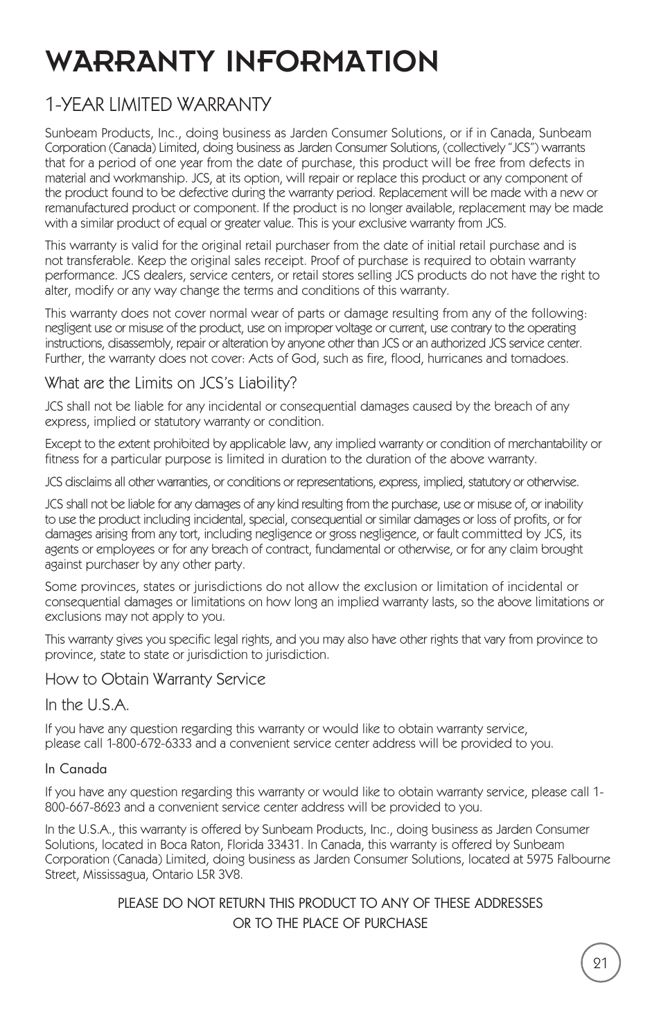 Warranty information, Year limited warranty, What are the limits on jcs’s liability | How to obtain warranty service in the u.s.a | Mr. Coffee mrx35 User Manual | Page 22 / 44