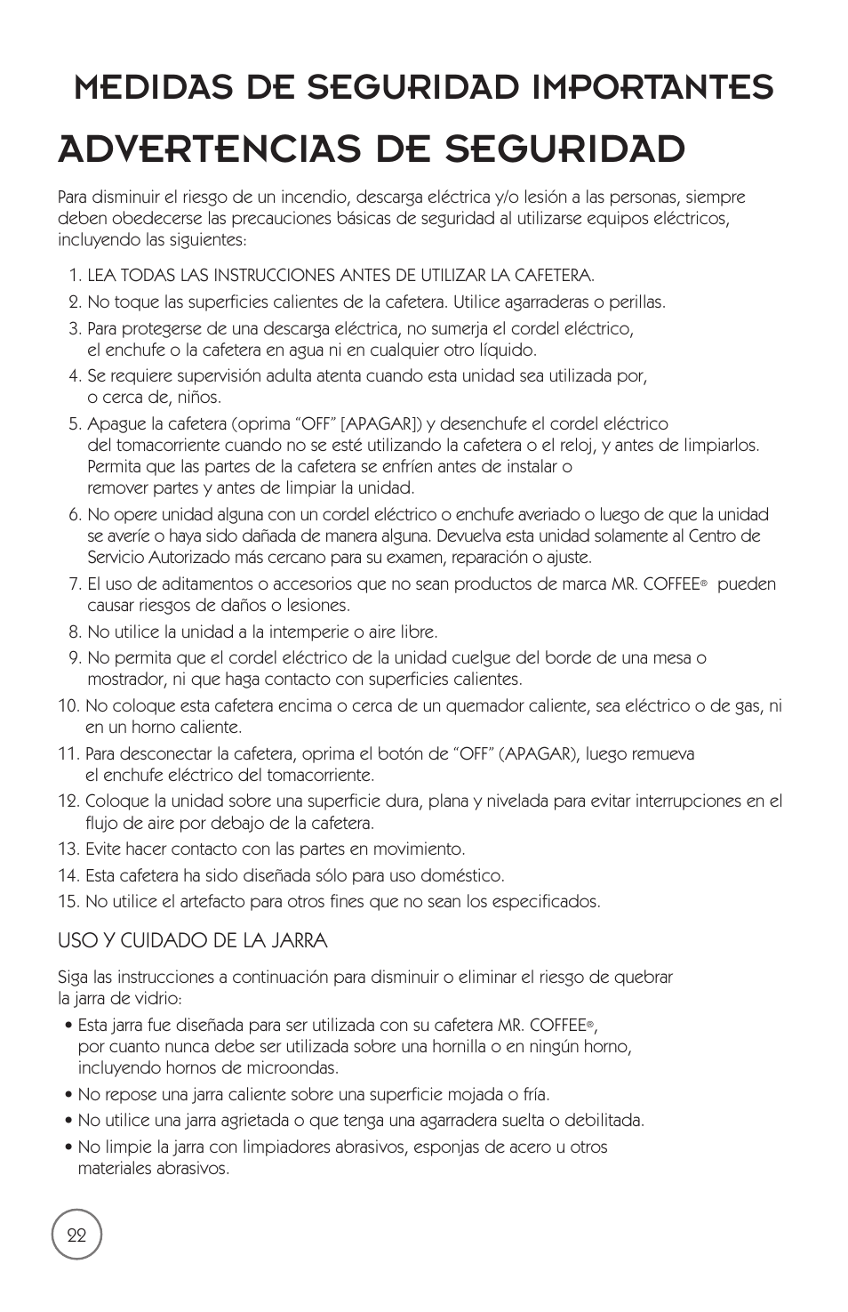 Advertencias de seguridad, Medidas de seguridad importantes | Mr. Coffee mrx35 User Manual | Page 23 / 44