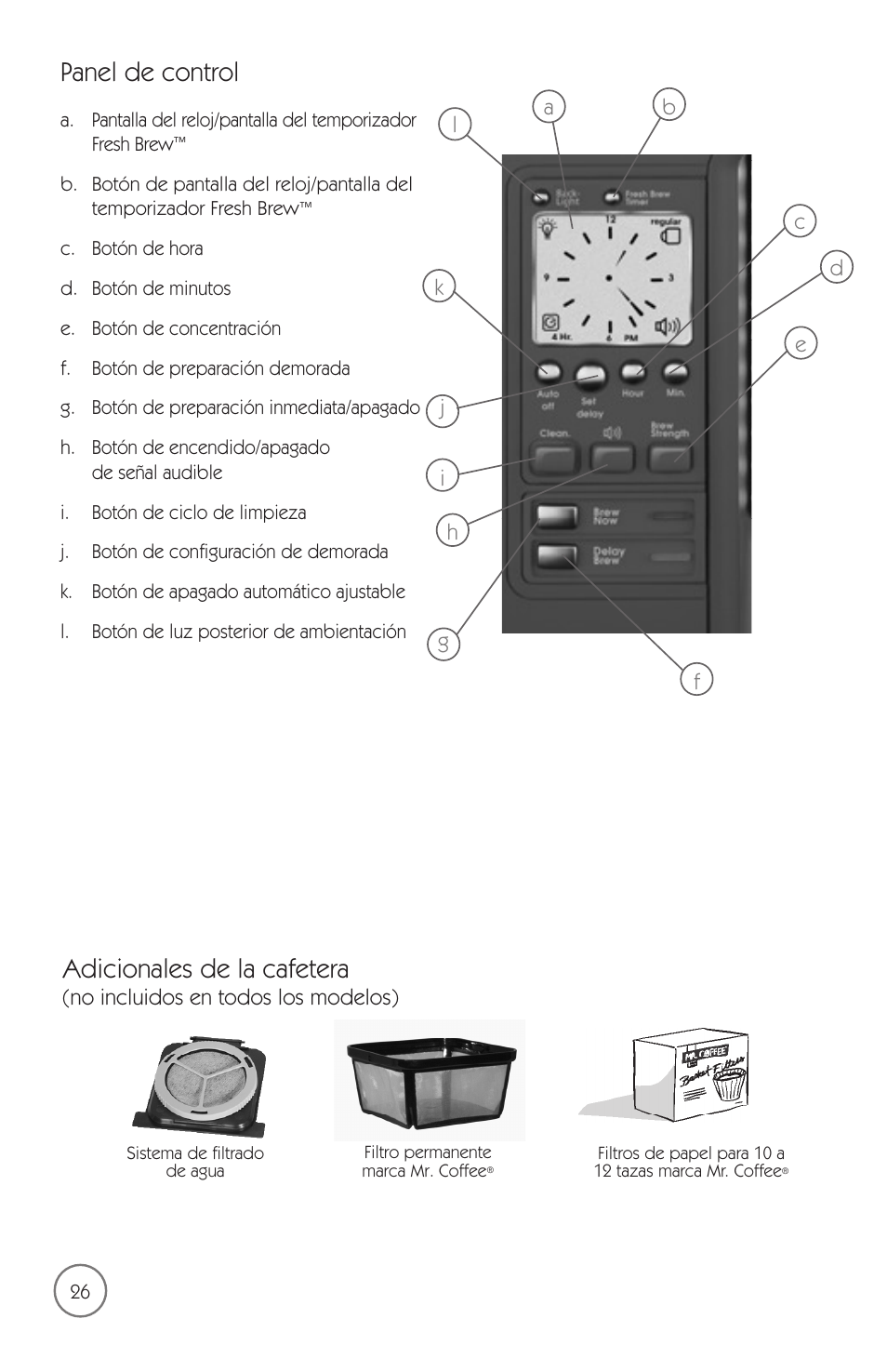 Panel de control, Adicionales de la cafetera | Mr. Coffee mrx35 User Manual | Page 27 / 44