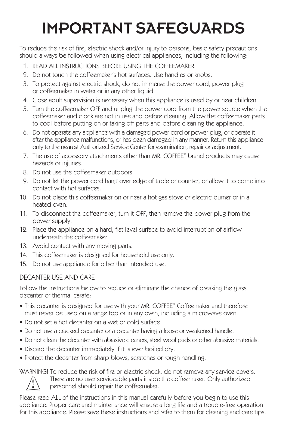 Important safeguards | Mr. Coffee mrx35 User Manual | Page 3 / 44