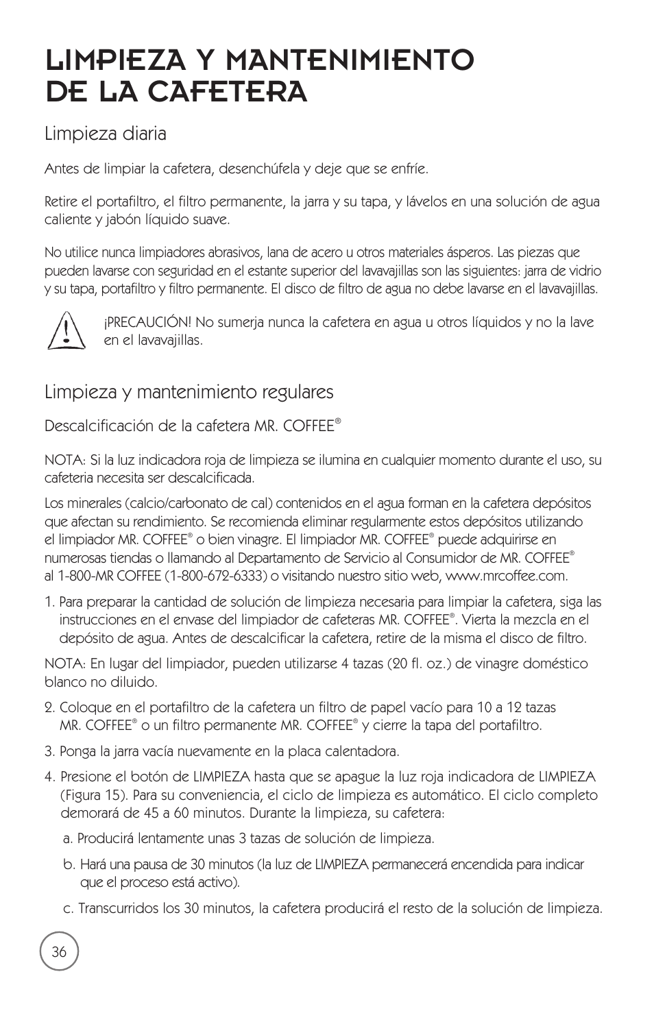 Limpieza y mantenimiento de la cafetera, Limpieza diaria, Limpieza y mantenimiento regulares | Mr. Coffee mrx35 User Manual | Page 37 / 44