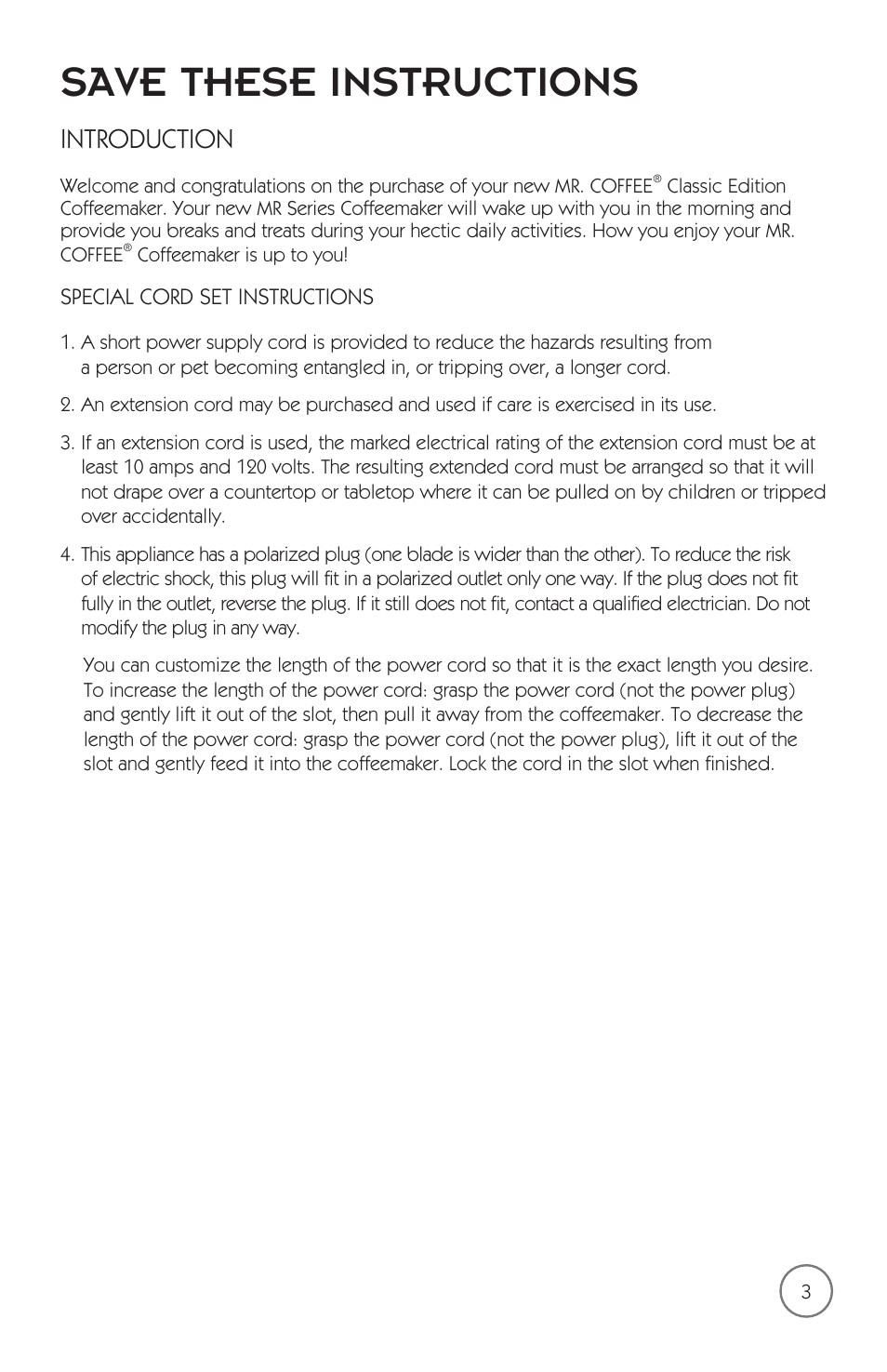 Save these instructions, Introduction | Mr. Coffee mrx35 User Manual | Page 4 / 44