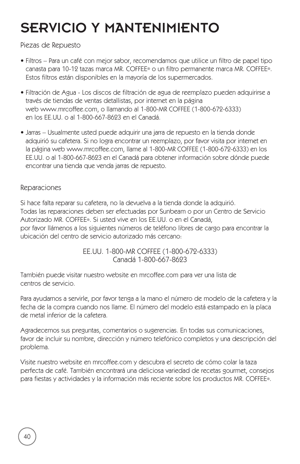 Servicio y mantenimiento | Mr. Coffee mrx35 User Manual | Page 41 / 44