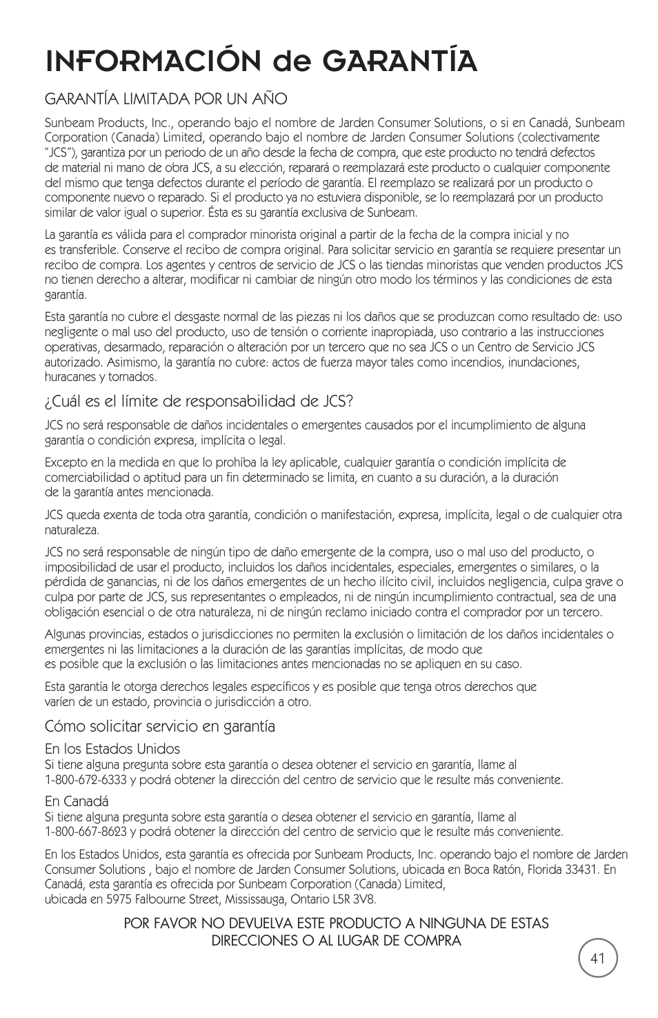 Información de garantía, Garantía limitada por un año, Cuál es el límite de responsabilidad de jcs | Cómo solicitar servicio en garantía | Mr. Coffee mrx35 User Manual | Page 42 / 44