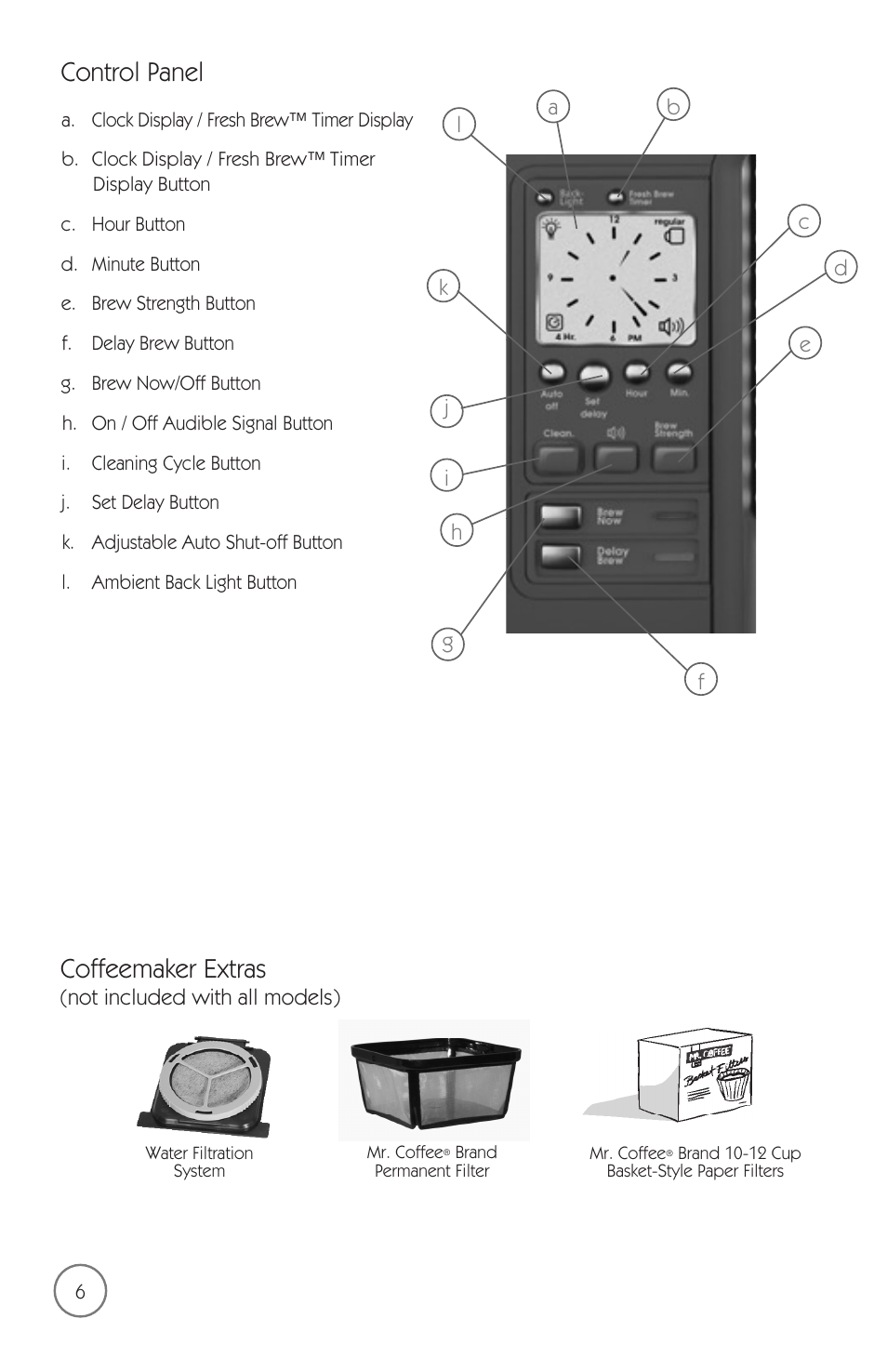 Control panel, Coffeemaker extras | Mr. Coffee mrx35 User Manual | Page 7 / 44
