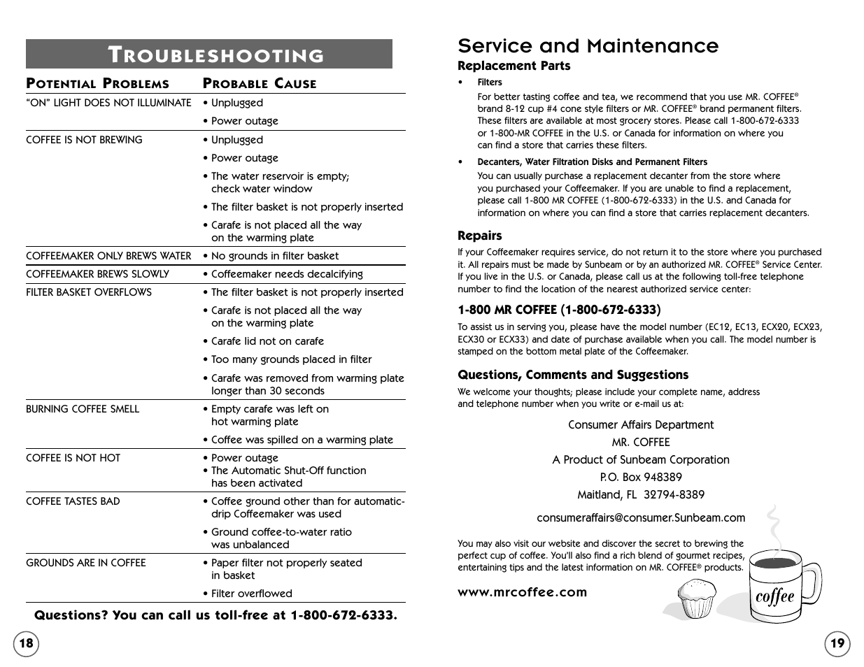 Service and maintenance | Mr. Coffee EC Series User Manual | Page 19 / 44