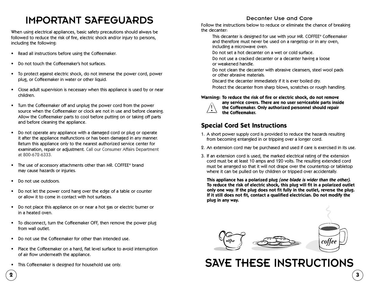 Save these instructions, Important safeguards, Special cord set instructions | Mr. Coffee EC Series User Manual | Page 2 / 44