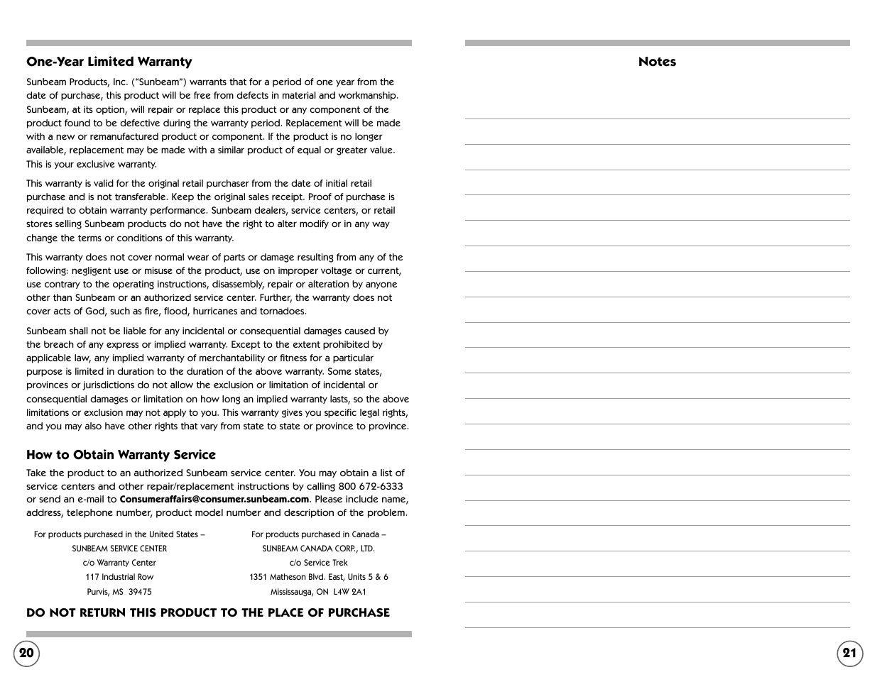 21 20 one-year limited warranty, How to obtain warranty service | Mr. Coffee EC Series User Manual | Page 21 / 44