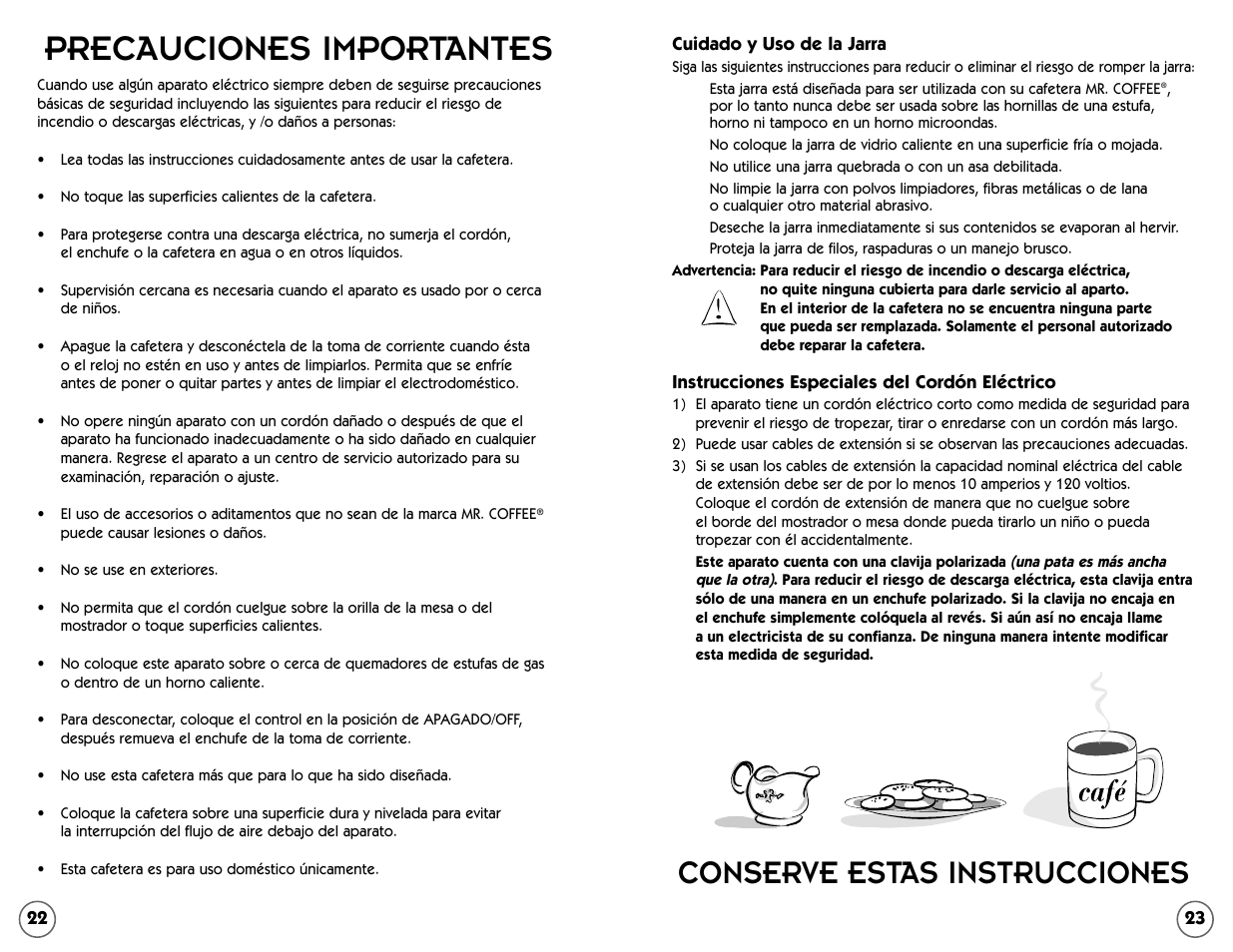 Precauciones importantes, Conserve estas instrucciones | Mr. Coffee EC Series User Manual | Page 24 / 44