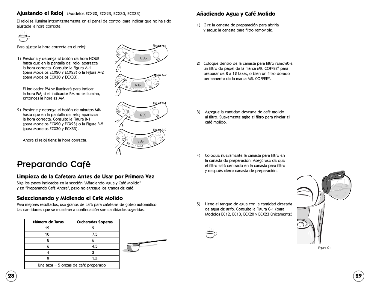 Preparando café, 29 28 añadiendo agua y café molido, Seleccionando y midiendo el café molido | Ajustando el reloj | Mr. Coffee EC Series User Manual | Page 30 / 44