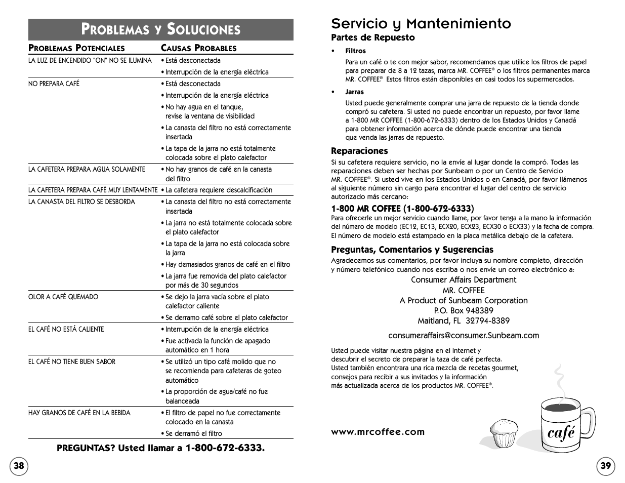 Servicio y mantenimiento, Roblemas y, Oluciones | Mr. Coffee EC Series User Manual | Page 39 / 44