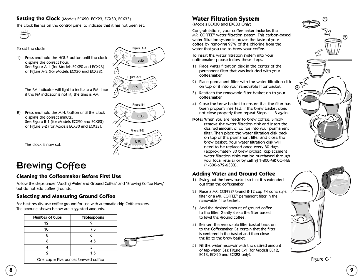 Brewing coffee, Water filtration system, Adding water and ground coffee | Cleaning the coffeemaker before first use, Selecting and measuring ground coffee, Setting the clock | Mr. Coffee EC Series User Manual | Page 8 / 44